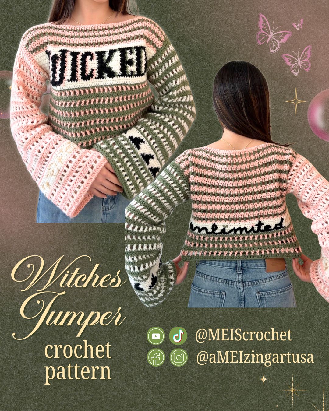 **🩷💚 Witches Jumper Crochet Pattern PDF (Free Hat & Gloves Pattern!)
