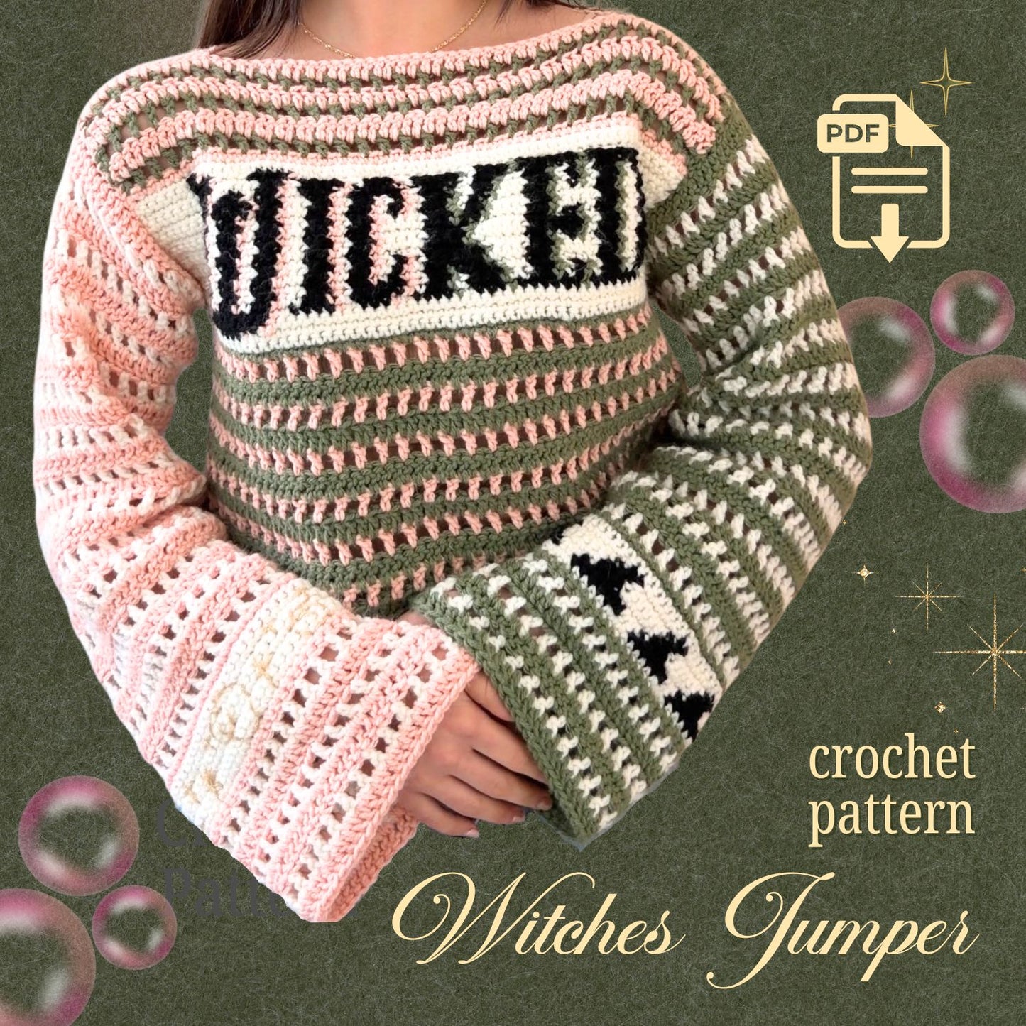 **🩷💚 Witches Jumper Crochet Pattern PDF (Free Hat & Gloves Pattern!)
