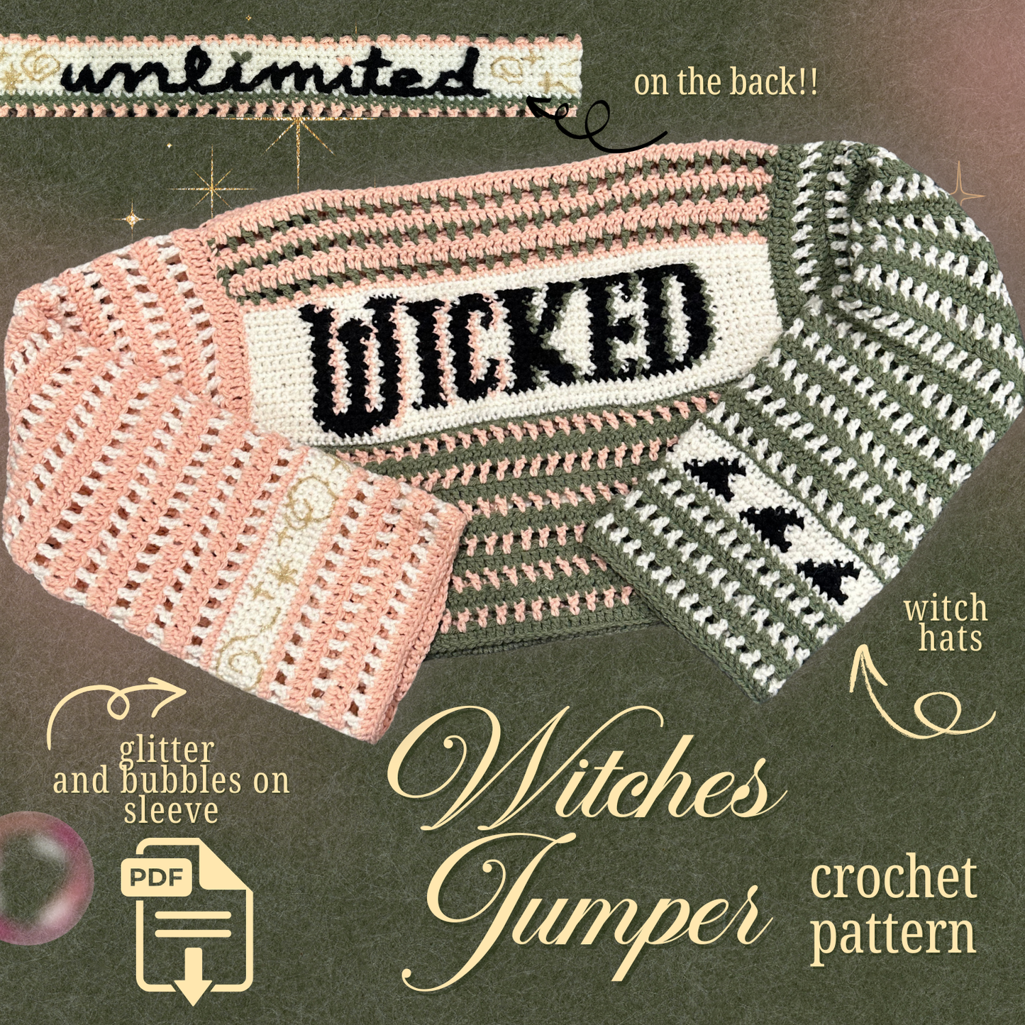 **🩷💚 Witches Jumper Crochet Pattern PDF (Free Hat & Gloves Pattern!)